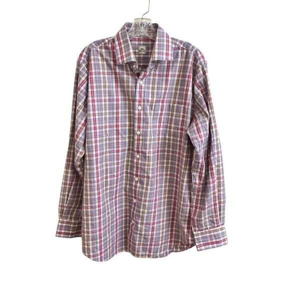 Peter Millar Button Down Dress Shirt Plaid Red White Blue Tan Men's Size Large - Picture 1 of 4